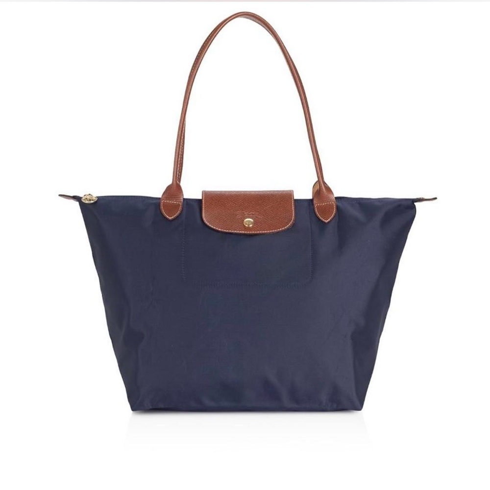 Longchamp Le Pliage Navy Tote Bag with Brown Leather Trim